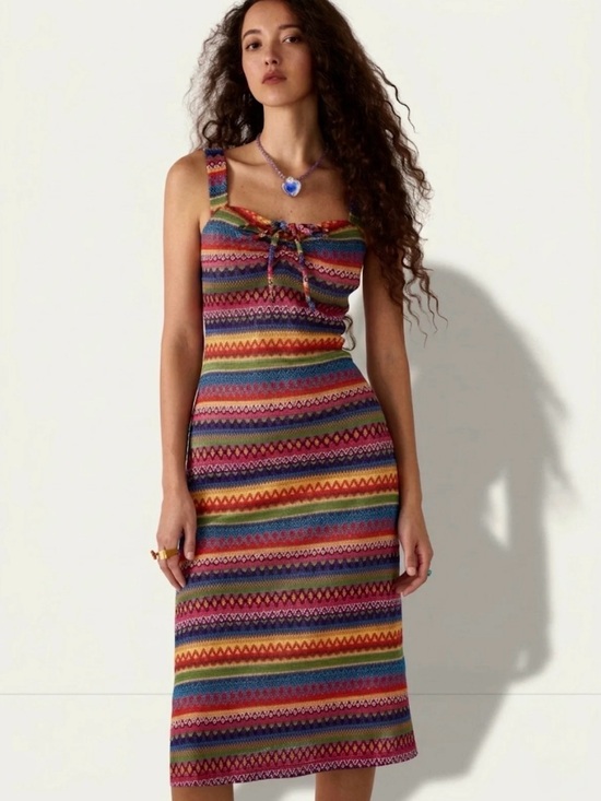 Cider Dresses & Skirts - CIDER Kaleidoscope Crochet Knit Tie Front Midi Dress Size L
